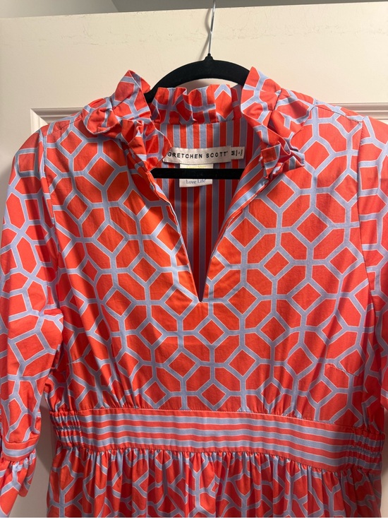 Gretchen Scott Designs Tops - Gretchen Scott Designs Coral and Light Blue Geometric V-Neck Tunic